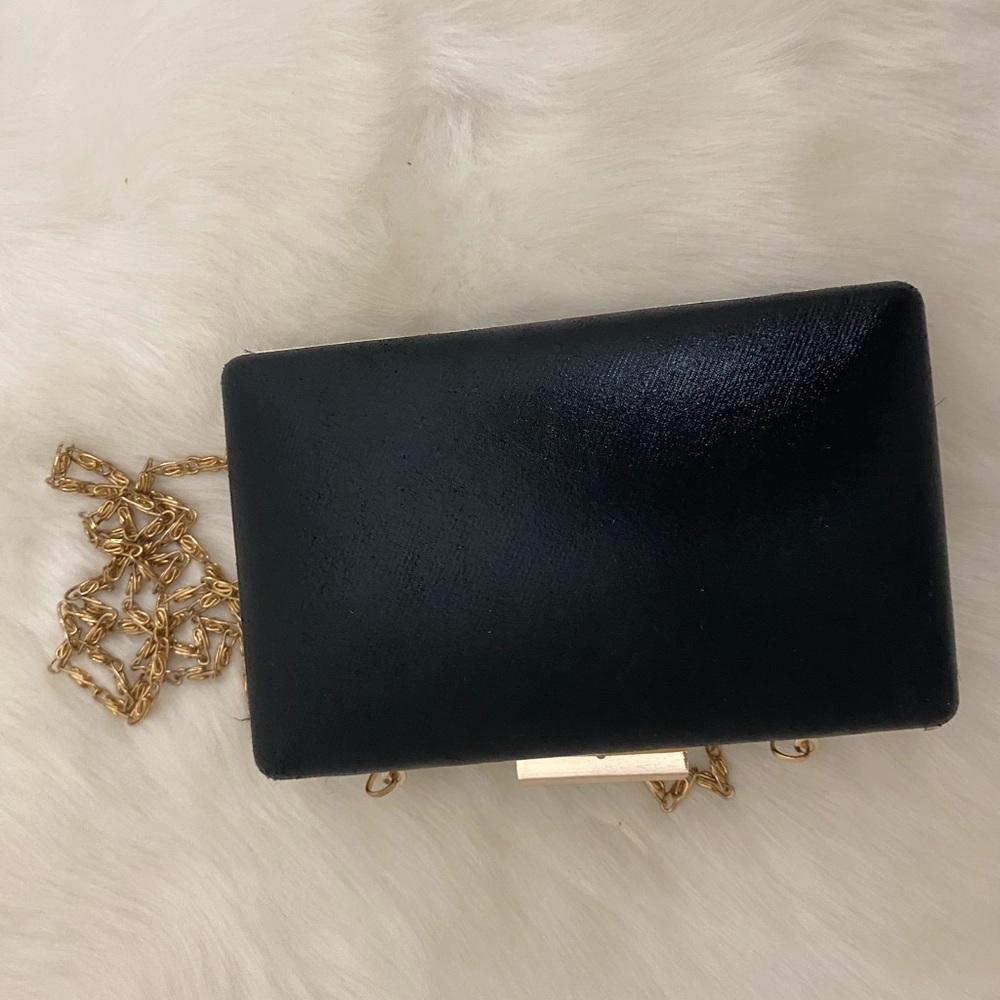 black clutch purse w gold tone metal trim detachable chain link straps